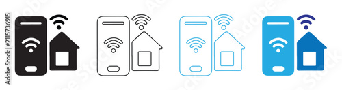Smart Home WiFi Connection Icon Set Vector – Mobile Phone, House, Wireless Network, IoT Technology Symbols Collection