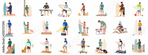Canvas Print Flat vector illustration set of men surfers preparing for surfing, waxing boards, applying sunscreen, and posing with surfboards on the beach