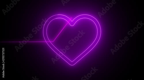 Glowing Neon Purple Heart with Heartbeat Pulse Line Motion Graphic Overlay, Futuristic Love and Health Concept Animation on Dark Background for Medical, Valentine, Romance, and UI Design Projects
