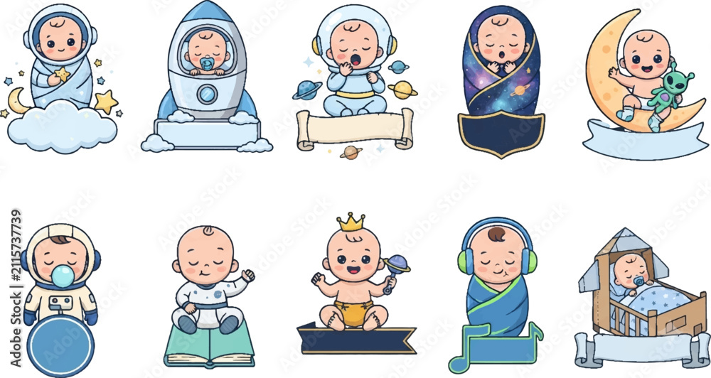 Fototapeta premium Cute baby astronaut vector set with space theme, rockets, and banners. Perfect for nursery decor, baby shower invitations, and kid's crafts.