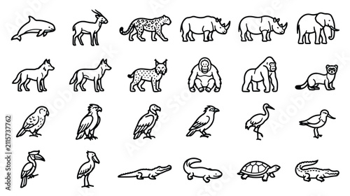 Canvas Print Minimalist wild animal line icons set, 26 black outline wildlife vector illustra