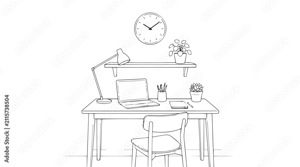 Fototapeta premium Minimalist line art workspace illustration, modern home office desk with laptop and chair, clean interior study room vector sketch isolated on White Background