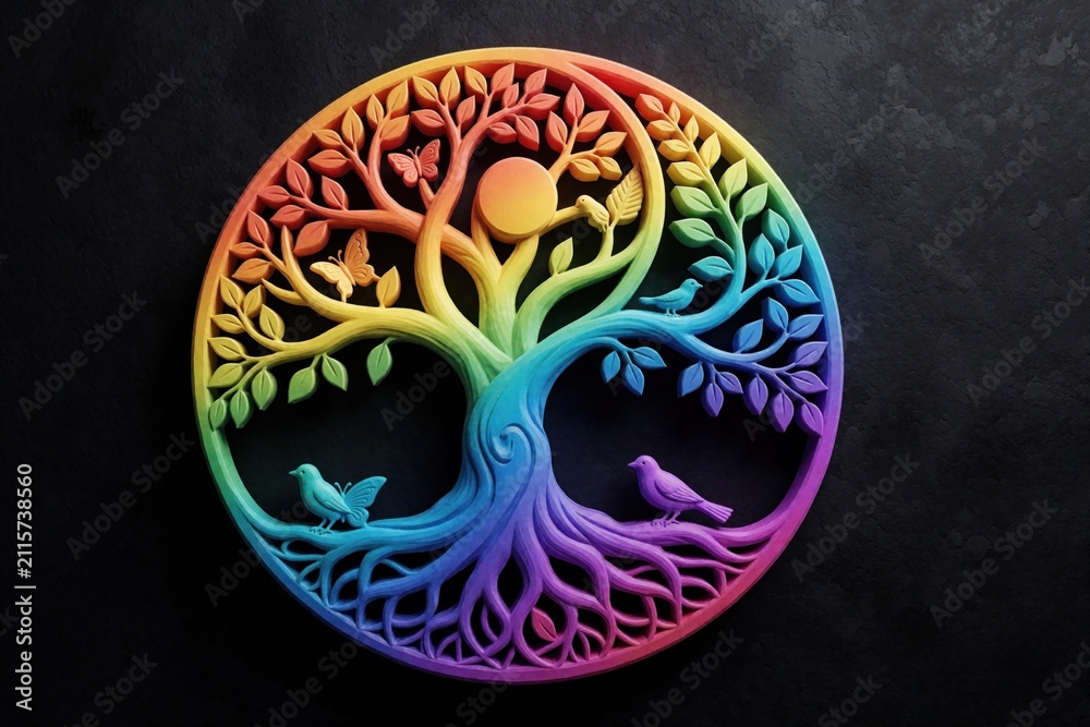 Obraz premium Tree of life symbol with rainbow colors and nature elements like birds and butterflies. Detailed circular design with roots and branches on black background. Represents harmony, balance and growth.
