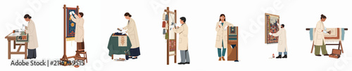 Foto Illustration set of professional conservators and artisans restoring, cleaning, and weaving traditional rugs and tapestries in a specialized workshop environment