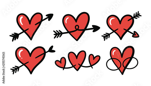 Quadro su tela Cute red hearts with arrows and swirls lovely symbols for design.