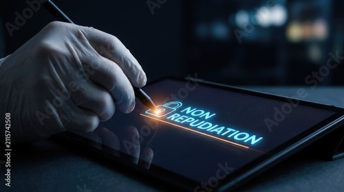 Digital security professional selecting non repudiation option on touchscreen tablet interface