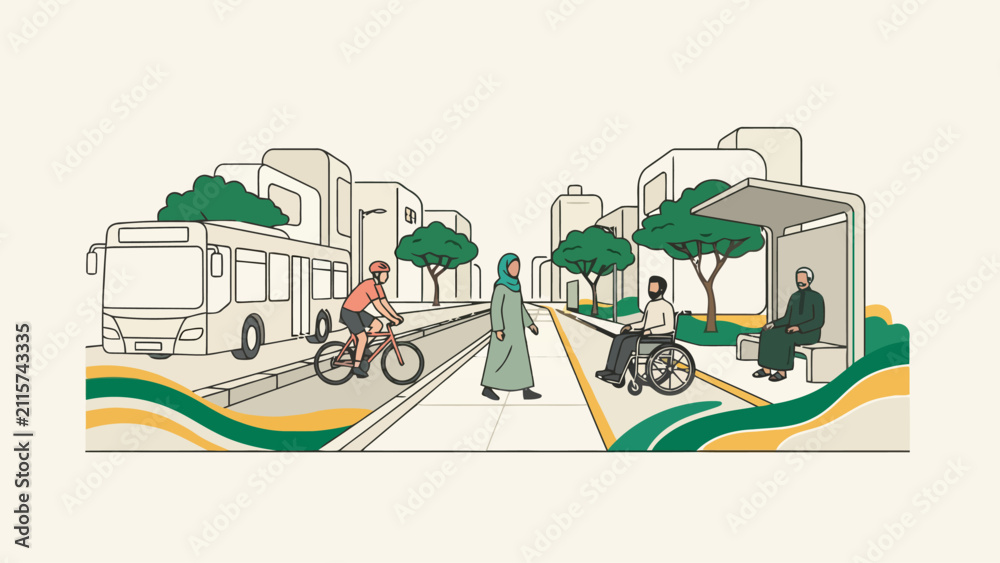 Fototapeta premium Urban scene with cyclists and a bus in a sustainable city environment