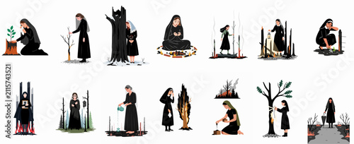 Foto Vector set of grieving women in black mourning environmental destruction, wildfires, and loss, featuring symbolic planting of new life in burnt forests