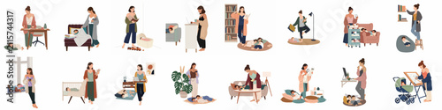Comprehensive set of flat vector illustrations depicting a multitasking mother working from home while caring for her sleeping children in various daily scenes.