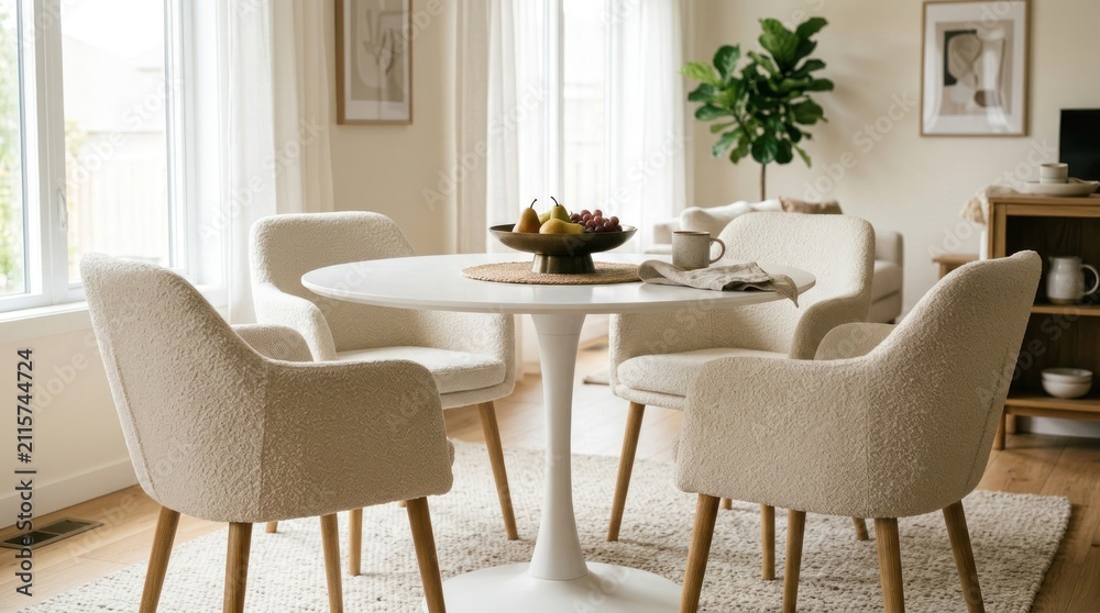 Fototapeta premium Elegant Dining Room with Round Tulip Table and Upholstered Chairs.
