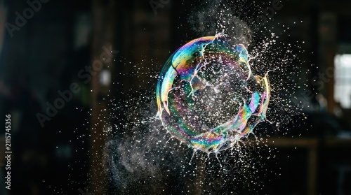 Exploding Soap Bubble with Rainbow Colors and Water Droplets.