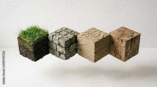 Four Cubes Representing Different Natural Elements and Textures.