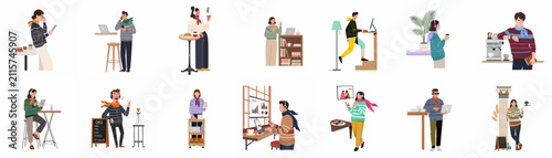 Diverse collection of flat vector illustrations depicting people working remotely, using technology, and enjoying coffee in various modern lifestyle and cafe settings.