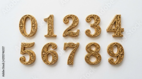 Golden Decorative Numbers Zero to Nine Displayed in Two Rows.
