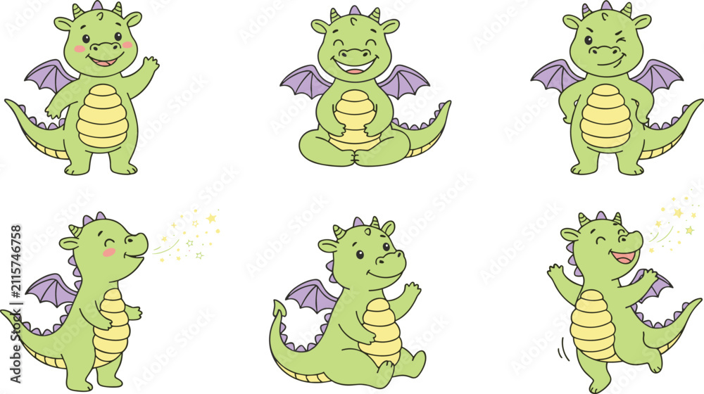 Fototapeta premium Cute little green dragon mascot character emoji sticker bundle showing different happy emotions and poses vector illustration isolated on white background
