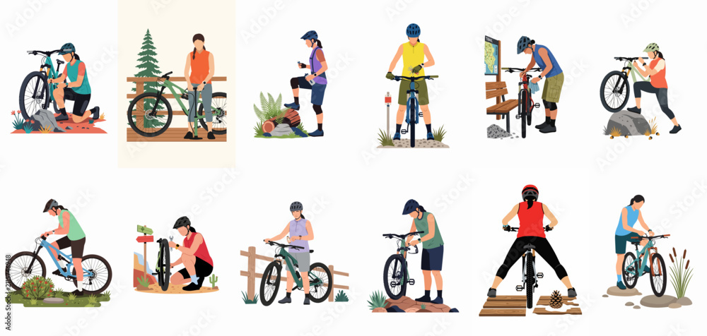 Fototapeta premium Flat Vector Illustrations of Women Engaged in Mountain Biking Activities, Including Riding, Bike Maintenance, and Repairs in Various Outdoor Settings