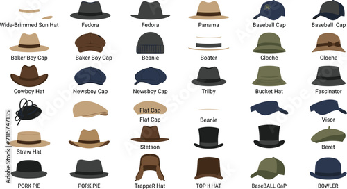 фотографія Men and women hat type icon set with fedora baseball cap panama cowboy hat beani