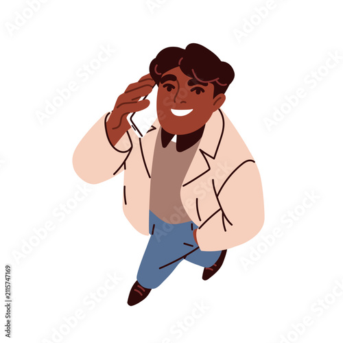 Happy black man walking and talking on mobile phone, looking up, top down vie...