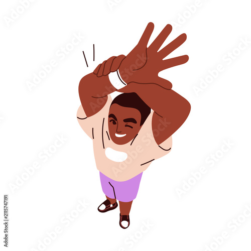 Happy joyful black man looking up, top down view. Smiling excited cheerful gu...