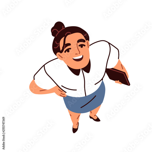Smiling business woman looking up with surprised shocked face expression, top...