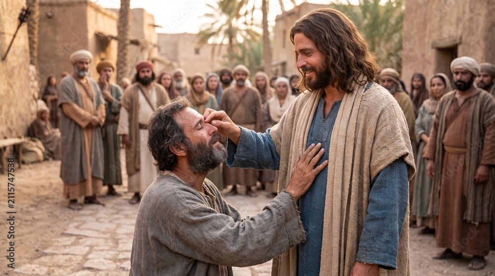 Obraz premium Jesus Christ places his hand on the eyes of a blind man kneeling on a stone street as a crowd watches in a Biblical miracle scene in Bethsaida.