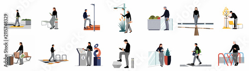 Flat vector illustration collection of people in urban environments, featuring architects, professionals, and citizens interacting with public space and architectural elements.