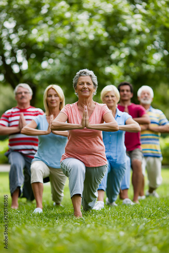 A group of elderly people are practicing yoga in a park, with a woman in the foreground standing in a lunge with her palms clasped.