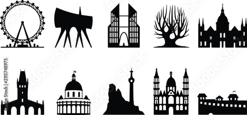 Foto Famous architectural landmark silhouettes, modern city skyline icons, historical