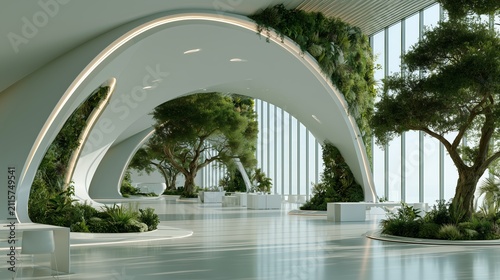 Futuristic corporate reception lobby with modern architectural design, sleek tech workspace backdrop