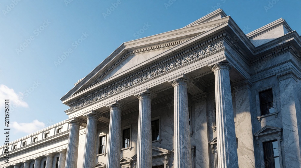 Obraz premium Classic stone bank building architecture exterior with tall marble columns, clear blue sky background. Traditional financial institution facade structure for monetary services. Government federal