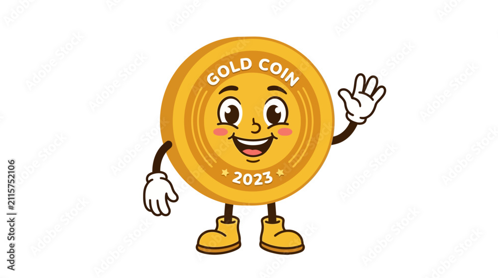 Fototapeta premium Smiling cartoon gold coin character waving with friendly expression