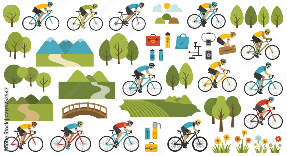 Obraz premium Cyclists riding bicycles on country road through green landscape scenery