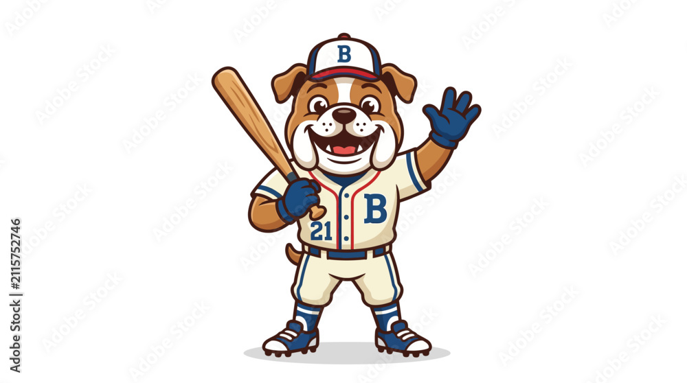Obraz premium Cartoon Bulldog Mascot in Baseball Uniform Holding Bat