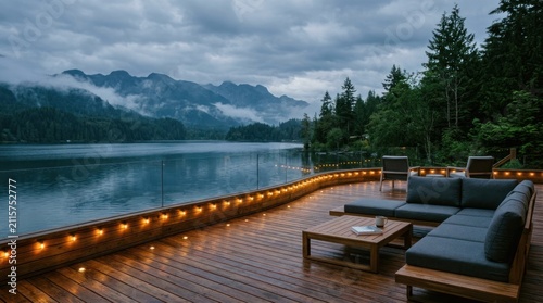 Serene Lakeside Deck with Mountain Views at Dusk.