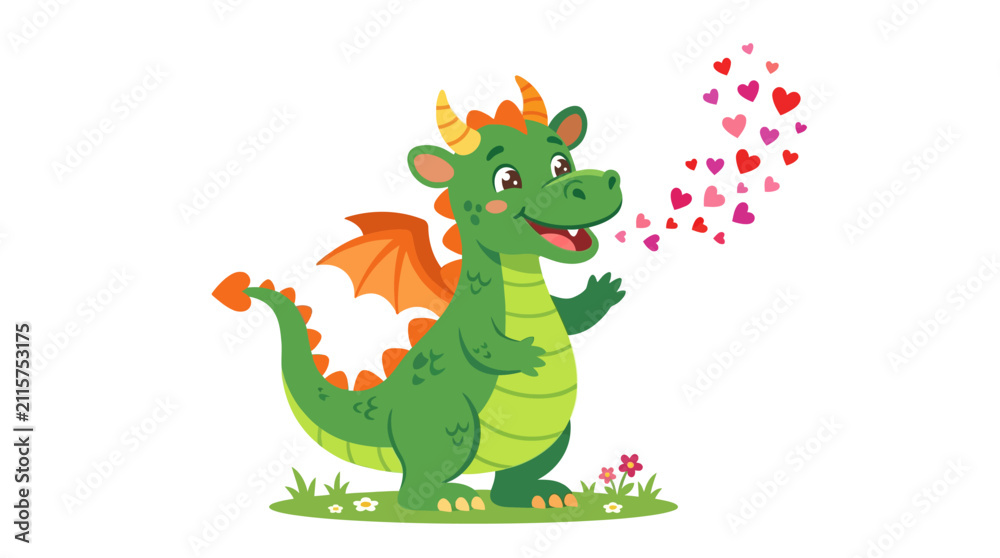 Naklejka premium Cute cartoon dragon blowing heart-shaped bubbles in whimsical style