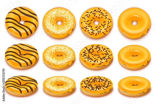 Collection of yellow donuts sprinkles sugar glaze, marshmallows and chopped nuts. Fast food isolated on a white background. Realistic style. 