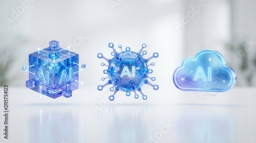 Three Futuristic AI Concepts - Cube, Network, and Cloud.
