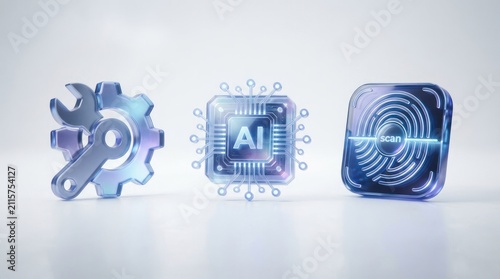 Three Icons Representing Technology - AI, Fingerprint, and Tools.