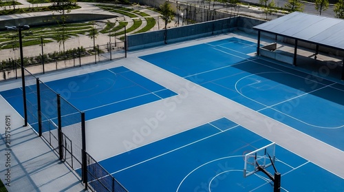 High-angle view of a modern outdoor sports facility featuring vibrant blue basketball and multipurpose athletic courts