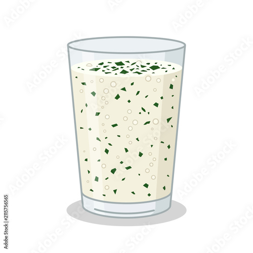 Quadro su tela A glass of refreshing cold buttermilk with fresh green herbs in a cartoon style illustration