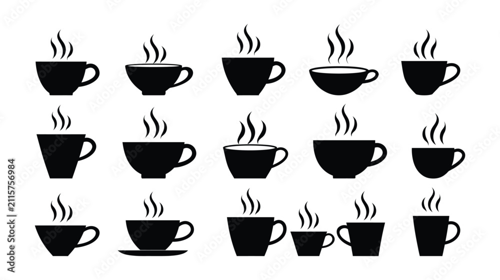 Obraz premium Coffee vector silhouette set of steaming drink cups