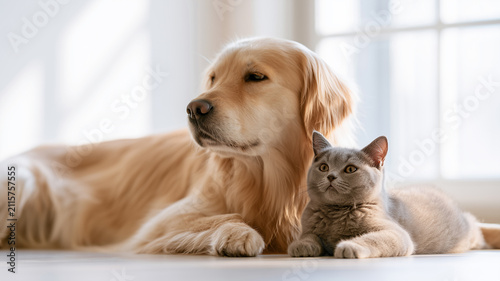 犬と猫が寄り添う穏やかな暮らし｜ペット保険・ペットライフ・家族をイメージしたコンセプト素材