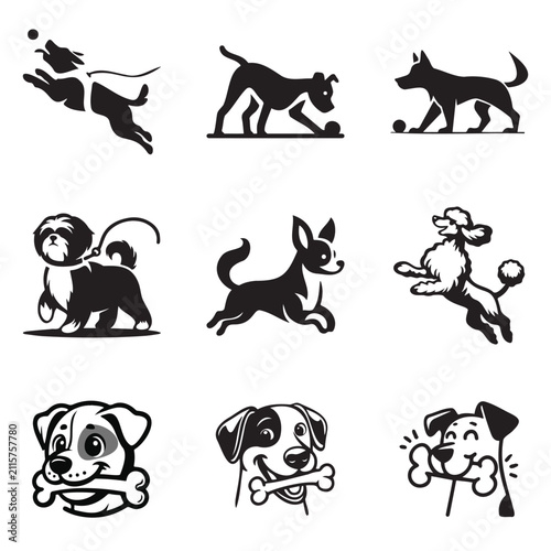 Dog Silhouette Collection Set with Cute Puppy Icons, Pet Mascot Logos, Canine Vector Clipart Bundle, Black and White Isolated Illustrations for SVG, EPS, AI and JPG