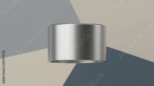 3D render of a brushed steel cylindrical segment or pedestal component isolated against a minimalist geometric background of neutral grey, blue, and beige abstract shapes.
