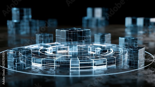 Abstract Digital Technology Background with Glowing HUD Circles and Transparent Glass Cubes Floating in a Futuristic Cyberspace Environment for Data Visualization