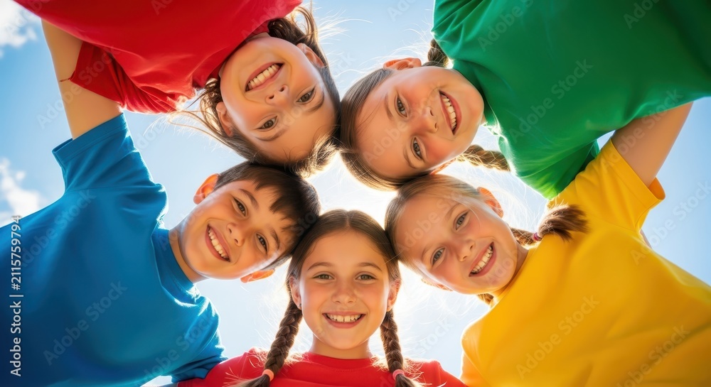 Fototapeta premium Group of Happy Diverse Children in a Huddle Smiling at Camera Outdoors on a Sunny Day