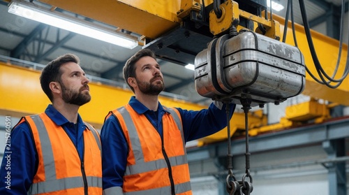 Two male industrial engineers examine heavy overhead crane counterweight inside factory workshop. Men wear orange safety vests during technical inspection of lifting gear machinery. Professionals