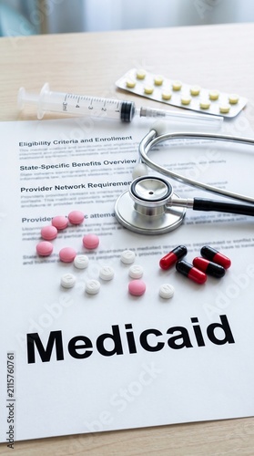 Medicaid application form with medical supplies. Healthcare insurance and pharmacy concept.