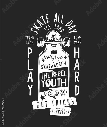 skate slogan with vintage skateboard art graphic vector illustration