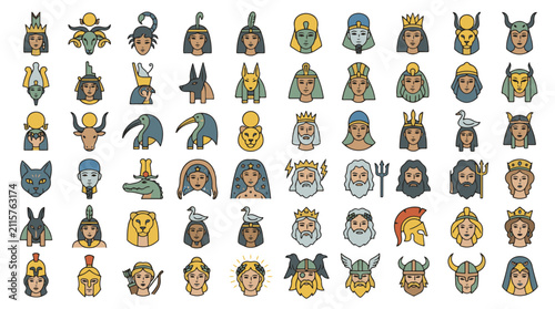 Mythological Characters Icons Collection Featuring Ancient Gods and Goddesses